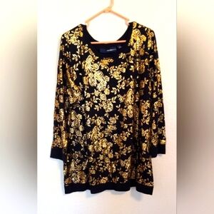 Denim 24/7 Women's Black Gold Foil Floral Tunic Top. Size 18/20.
